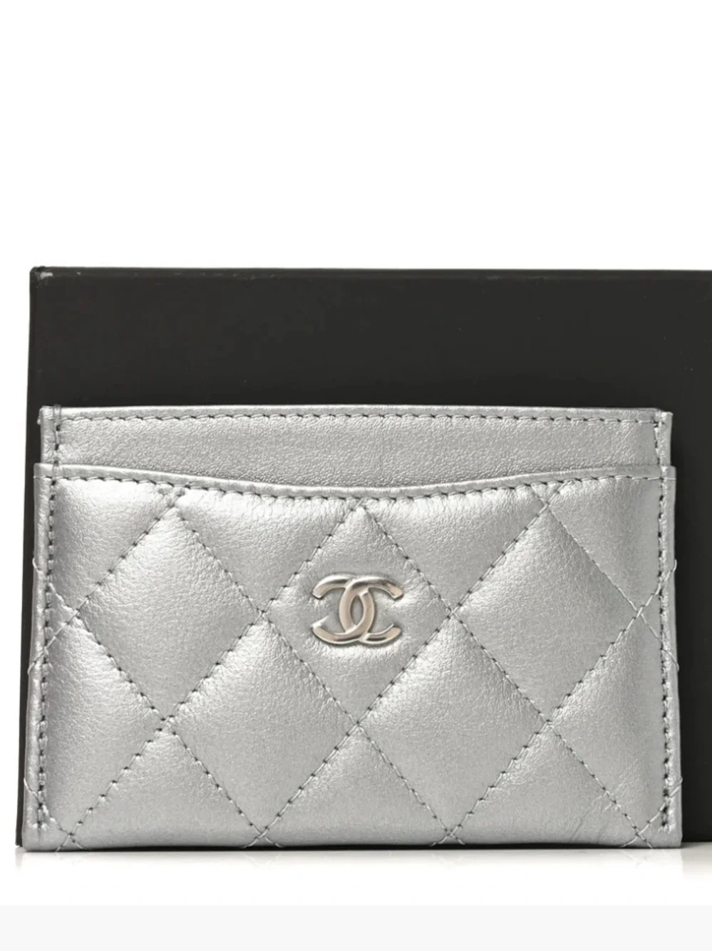 CHANEL Metallic Silver Quilted Card Holder with CC Logo